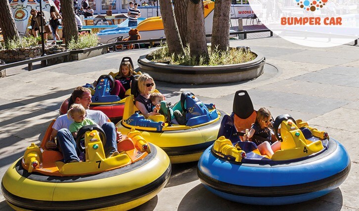 Dorośli i dzieci na atrakcji "bumper cars" w Parku Rozrywki
